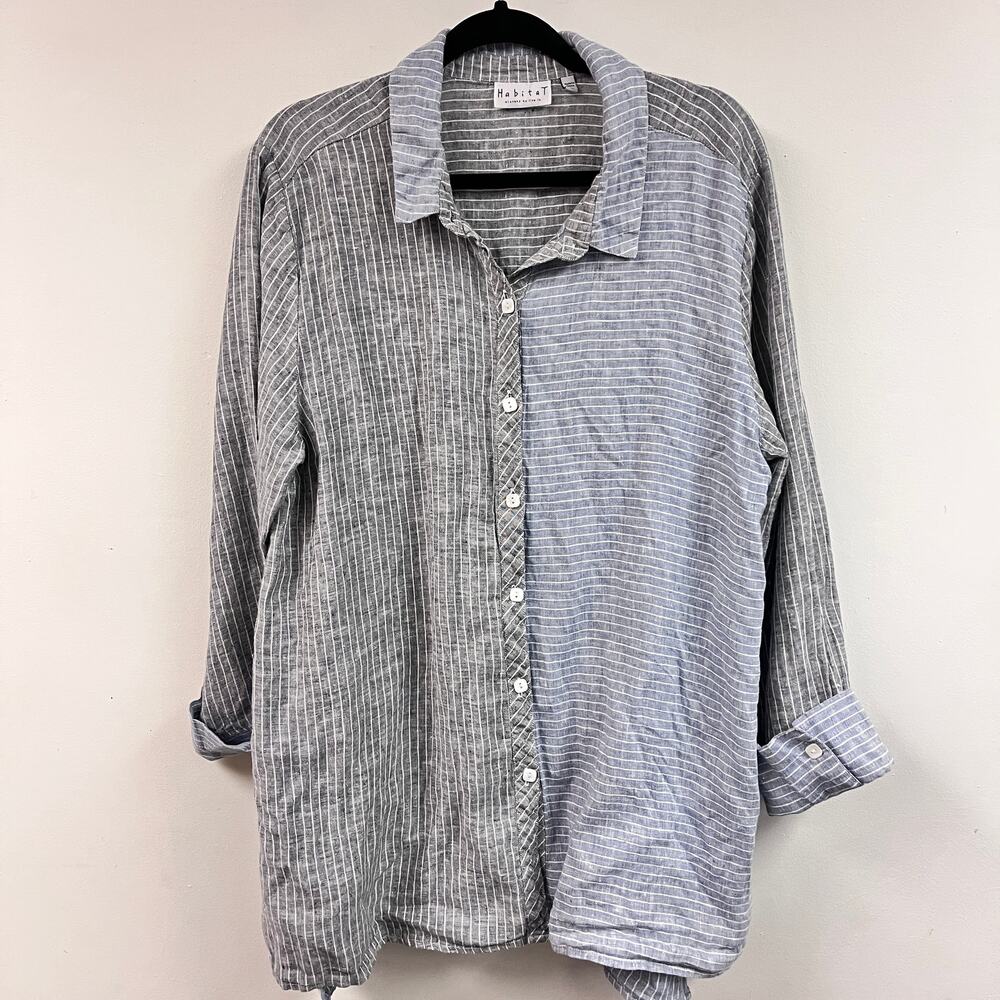 Women's XL Habitat 100% linen colorblock mixed pattern button down relaxed top